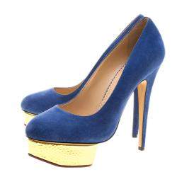 Pre Owned Charlotte Olympia Blue Suede Dolly Platform Pumps Size 39.5