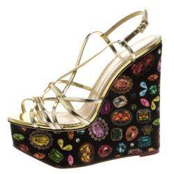 Charlotte Olympia Metallic Gold Leather Elizabeth Jewel Print Wedge Sandals Size 40