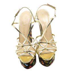 Charlotte Olympia Metallic Gold Leather Elizabeth Jewel Print Wedge Sandals Size 40