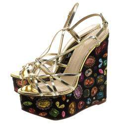 Charlotte Olympia Metallic Gold Leather Elizabeth Jewel Print Wedge Sandals Size 40