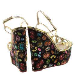 Charlotte Olympia Metallic Gold Leather Elizabeth Jewel Print Wedge Sandals Size 40