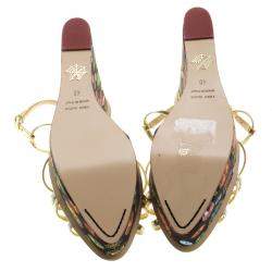 Charlotte Olympia Metallic Gold Leather Elizabeth Jewel Print Wedge Sandals Size 40