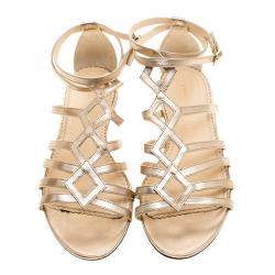 Charlotte Olympia Metallic Beige Leather Magdalena Flat Sandals Size 41