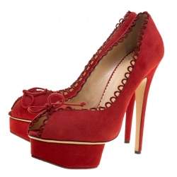 مملوكة مسبقًا حذاء كعب عالي شارلوت أوليمبيا دافن سويدي أحمر حواف مموجة مقدمة مفتوحة مقاس 39.5