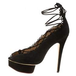 Pre Owned Charlotte Olympia Black Suede Gladys Scallop Trim Lace Up Open Toe Platform Pumps Size 39