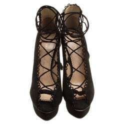 Pre Owned Charlotte Olympia Black Suede Gladys Scallop Trim Lace Up Open Toe Platform Pumps Size 39