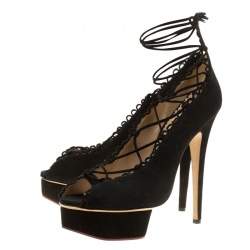 Pre Owned Charlotte Olympia Black Suede Gladys Scallop Trim Lace Up Open Toe Platform Pumps Size 39