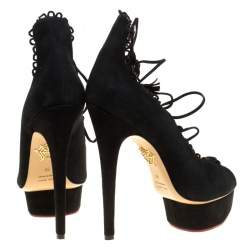 Pre Owned Charlotte Olympia Black Suede Gladys Scallop Trim Lace Up Open Toe Platform Pumps Size 39