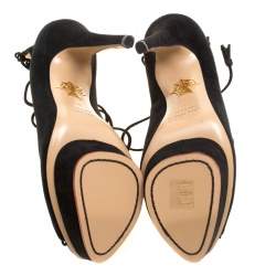 Pre Owned Charlotte Olympia Black Suede Gladys Scallop Trim Lace Up Open Toe Platform Pumps Size 39