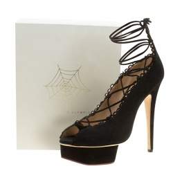 Pre Owned Charlotte Olympia Black Suede Gladys Scallop Trim Lace Up Open Toe Platform Pumps Size 39