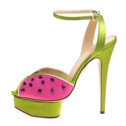 Pre Owned Charlotte Olympia Tricolor Satin Mouthwatering Crystal Embellished Platform Sandals Size 39