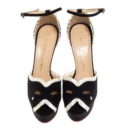 Charlotte Olympia Black/White Satin Masquerade Ankle Strap Platform Sandals Size 39