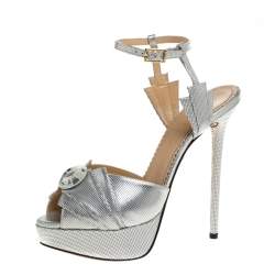 Charlotte Olympia Silver Textured Leather Sky Scraper Crystal Embellished Peep Toe Ankle Strap Platform Sandals Size 38