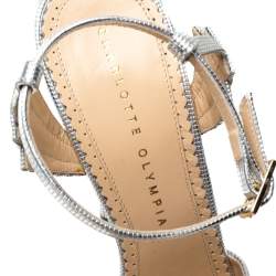 Charlotte Olympia Silver Textured Leather Sky Scraper Crystal Embellished Peep Toe Ankle Strap Platform Sandals Size 38