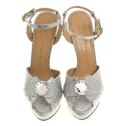 Charlotte Olympia Silver Textured Leather Sky Scraper Crystal Embellished Peep Toe Ankle Strap Platform Sandals Size 38