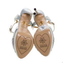 Charlotte Olympia Silver Textured Leather Sky Scraper Crystal Embellished Peep Toe Ankle Strap Platform Sandals Size 38