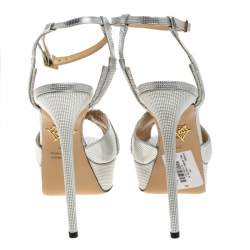 Charlotte Olympia Silver Textured Leather Sky Scraper Crystal Embellished Peep Toe Ankle Strap Platform Sandals Size 38