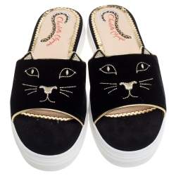Charlotte Olympia Black Velvet Kitty Slide Platform Sandals Size 40