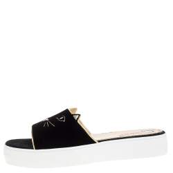 Charlotte Olympia Black Velvet Kitty Slide Platform Sandals Size 40