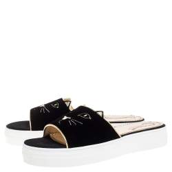 Charlotte Olympia Black Velvet Kitty Slide Platform Sandals Size 40