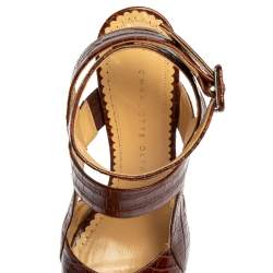 Charlotte Olympia Brown Croc Embossed Leather Marcelle Wedge Sandals Size 36