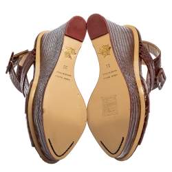  Charlotte Olympia Brown Croc Embossed Leather Marcelle Wedge Sandals Size 36