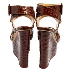  Charlotte Olympia Brown Croc Embossed Leather Marcelle Wedge Sandals Size 36