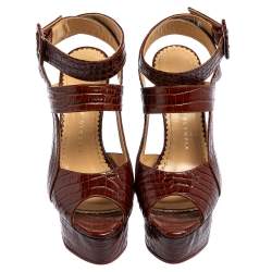  Charlotte Olympia Brown Croc Embossed Leather Marcelle Wedge Sandals Size 36