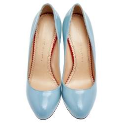 Pre Owned Charlotte Olympia Blue Leather Mid century Pumps Size 38