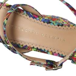 Charlotte Olympia Multicolor Printed Fabric Wedge Platform Ankle Strap Sandals Size 39