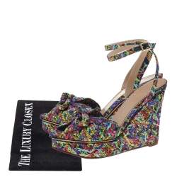 Charlotte Olympia Multicolor Printed Fabric Wedge Platform Ankle Strap Sandals Size 39