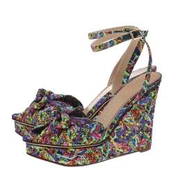 Charlotte Olympia Multicolor Printed Fabric Wedge Platform Ankle Strap Sandals Size 39