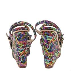 Charlotte Olympia Multicolor Printed Fabric Wedge Platform Ankle Strap Sandals Size 39
