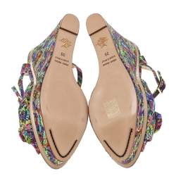 Charlotte Olympia Multicolor Printed Fabric Wedge Platform Ankle Strap Sandals Size 39