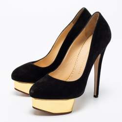 Pre Owned حذاء كعب عالي شارلوت أوليمبيا دوللي سويدي أسود نعل سميك مقاس 38