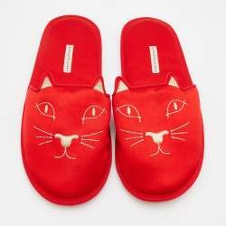 Pre Owned Charlotte Olympia Red Satin Kitty Slipper Flats Size XS 38