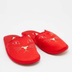 Pre Owned Charlotte Olympia Red Satin Kitty Slipper Flats Size XS 38
