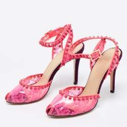 Pre Owned Charlotte Olympia Pink PVC Soho Studded Ankle Strap Pumps Size 38.5