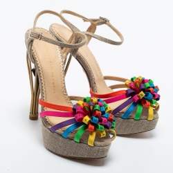 Charlotte Olympia Multicolor Satin and Canvas Strappy Platform Sandals Size 37.5