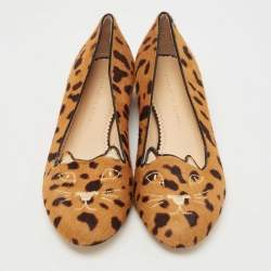 Charlotte Olympia Brown Calf Hair Leopard Print Cat Ballet Flats Size 40