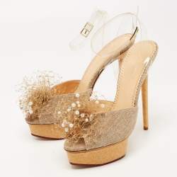 Pre Owned Charlotte Olympia Gold/Beige Canvas and PVC Platform Ankle Strap Pumps Size 40