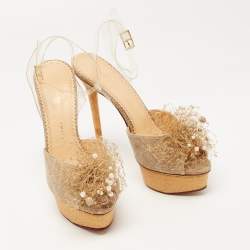 Pre Owned Charlotte Olympia Gold/Beige Canvas and PVC Platform Ankle Strap Pumps Size 40