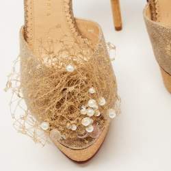 Pre Owned Charlotte Olympia Gold/Beige Canvas and PVC Platform Ankle Strap Pumps Size 40