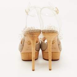 Pre Owned Charlotte Olympia Gold/Beige Canvas and PVC Platform Ankle Strap Pumps Size 40