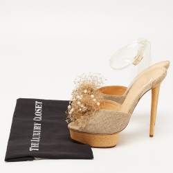 Pre Owned Charlotte Olympia Gold/Beige Canvas and PVC Platform Ankle Strap Pumps Size 40