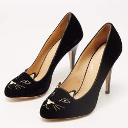 مملوكة مسبقًا Charlotte Olympia Black Velvet Embroidered Kitty Pumps Size 39