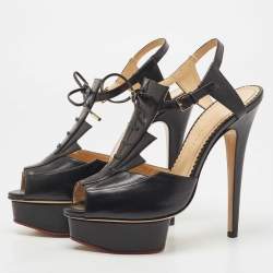 Pre Owned Charlotte Olympia Black Leather Peep Toe Platform Ankle Strap Sandals Size 39