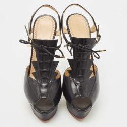 Pre Owned Charlotte Olympia Black Leather Peep Toe Platform Ankle Strap Sandals Size 39