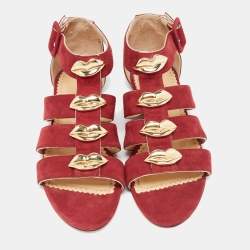 Pre Owned Charlotte Olympia Garnet Red Suede One More Kiss Flat Gladiator Flat Sandals Size 36
