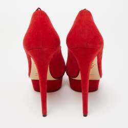 مملوكة مسبقًا Charlotte Olympia Red Suede Daphne Scalloped Trim Peep Toe Platform Pumps Size 40